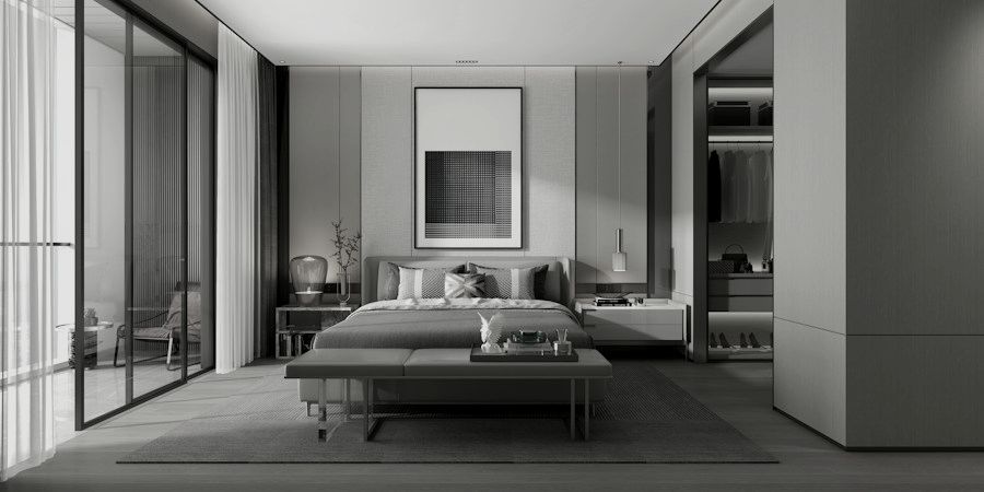 Bedroom with a glass partition and dressing area