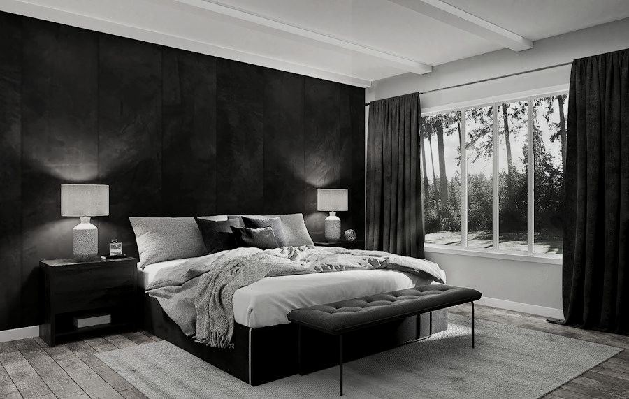 Bedroom detail with a black wall